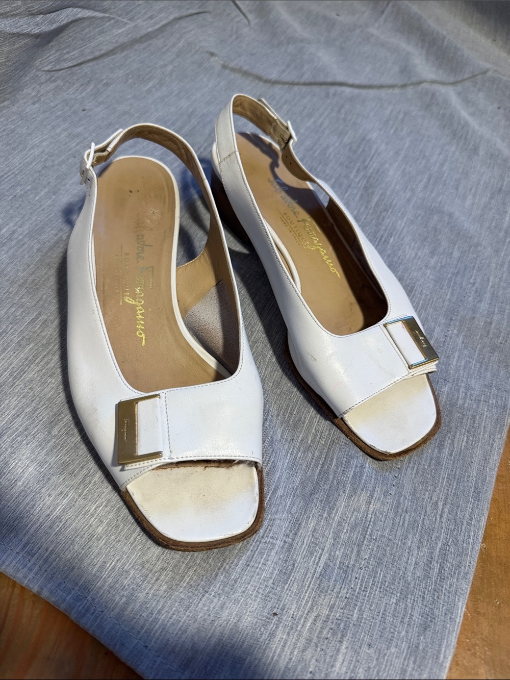 Salvatore Ferragamo White Leather Slingback Heels with Gold Buckle